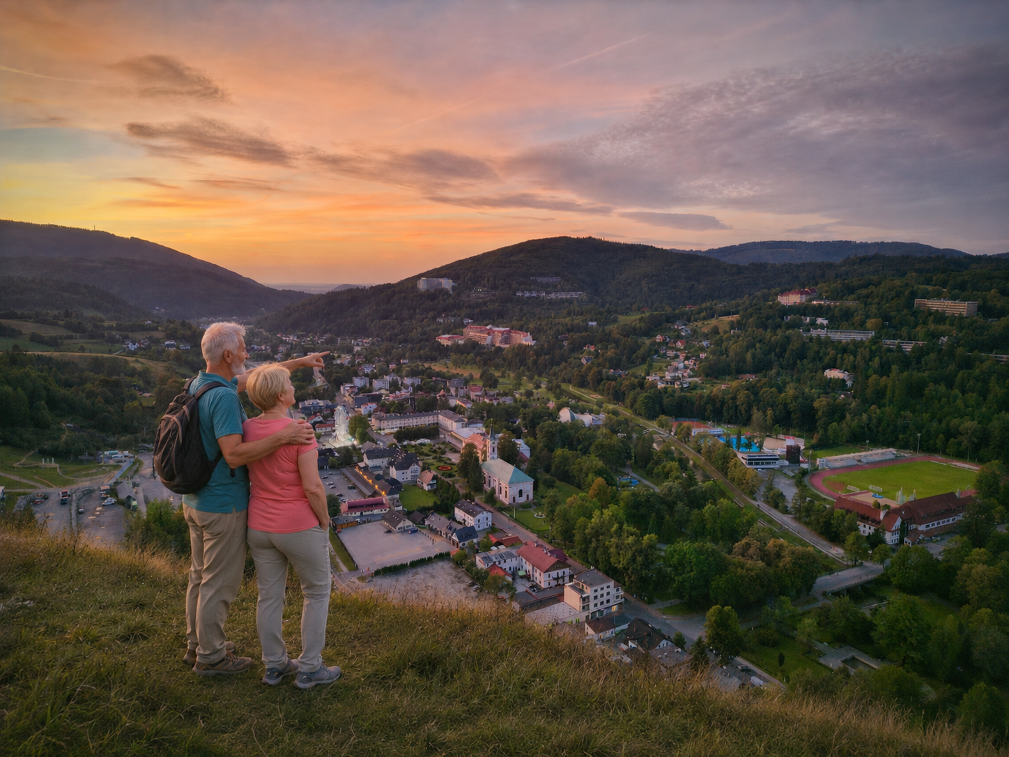 Aktywni seniorzy podziwiają panoramę Wisły o zachodzie słońca w Beskidach